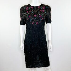 Vintage J.M.C. Black Beaded Sheath Dress Size S Short Sleeve Formal Classic